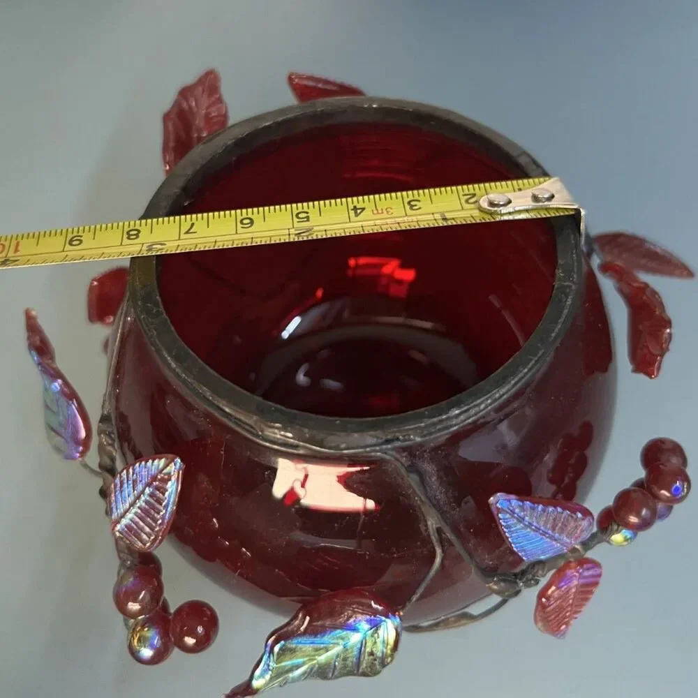 Vintage Cranberry Red Glass Centerpiece Bowl/Vase with Iridescent Leaves